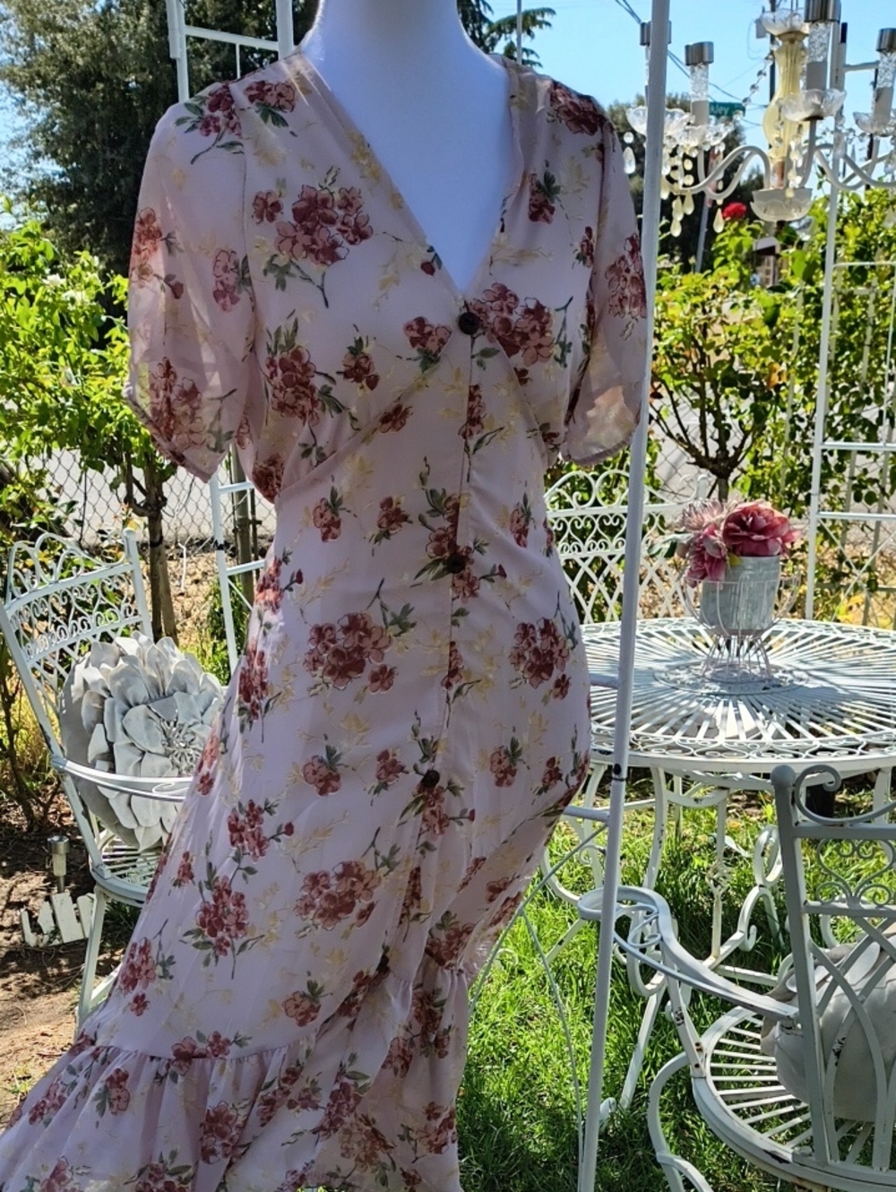 Floral Pink V-Neck Summer Dress